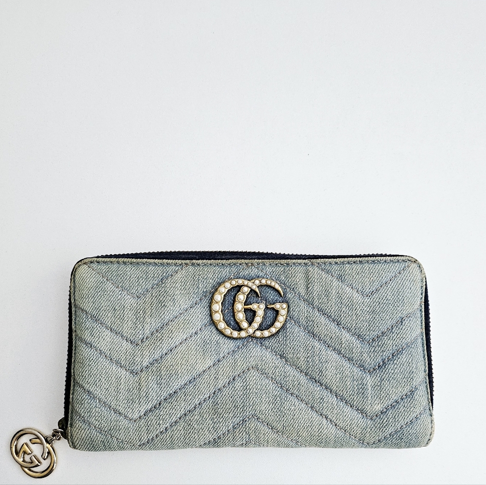 Gucci Marmont Light Blue Denim Zippy Wallet